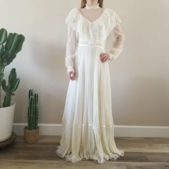 Vintage | Dresses | Vintage 7s Ivory Gauze Pleated Lace Boho Maxi Dress  Size Medium | Poshmark